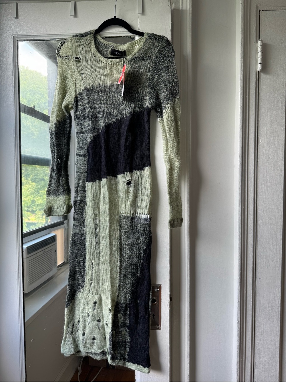 Cider Long Sleeve Colorblock Distressed Maxi Dress in Sage and Black
